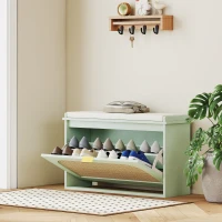 HOMCOM Banc à chaussures, banc de rangement, assise rembourrée, tiroir rabattable, porte en rotin, 80 x 26 x 47,5 cm, vert(m-10)
