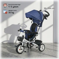 HOMCOM Triciclu Pătuț pentru Copii cu Mâner, Parasolar Reglabil și Centură de Siguranță, Albastru Închis(m-3)