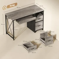 HOMCOM Bureau d'ordinateur, 120×50cm, bureau avec rangement, plateau clavier, compartiment ouvert et 2 tiroirs, gris(m-3)