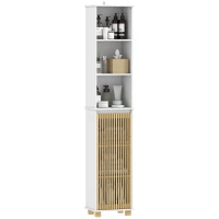 HOMCOM Colonne salle de bain, meuble salle de bain rangement avec porte à lattes en bambou et compartiments ouverts, blanc(m-11)
