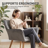 HOMCOM Poltroncina Stile Nordico in Legno ed Effetto Velluto Grigio per Soggiorno o Ufficio, 67x61.5x71 cm(m-5)