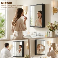 kleankin Armoire miroir de salle de bain armoire murale armoire à glace avec 1 porte et 2 étagères en acier 40 x 12 x 60 cm noir(m-5)