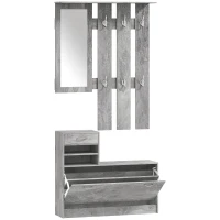 HOMCOM Ensembles 3 en 1 de meuble d'entrée vestiaire avec panneau porte-manteau, miroir et banc à chaussures - 6 crochets et étagère réglable, effet béton gris(m-12)