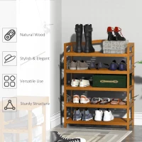HOMCOM 5-Tier Shoe Rack, Acacia Wooden Shoe Storage Organiser with Hangers, Holds up to 19 Pairs, for Entryway, Living Room, 64 x 26 x 82 cm, Teak(m-6)