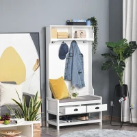 HOMCOM Perchero Zapatero con Banco 4 Ganchos 2 Compartimentos Abiertos 2 Cajones Extraíbles y Estante Inferior Moderno para Recibidor Entrada 89x42x172 cm Blanco(m-10)