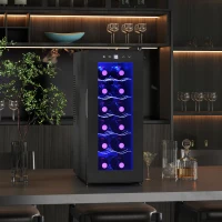 HOMCOM Cave de Vinhos 12 Garrafas com Dupla Refrigeração Termoelétrica Temperatura Ajustável 8-18℃ Porta de Vidro Anti-UV Ecrã LED Luz Interior Preto(m-10)