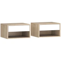 HOMCOM Lot de 2 tables de chevet murales, tables de nuit, tiroir, compartiment ouvert, plateau, 37 x 32 x 21 cm, bois naturel(m-1)