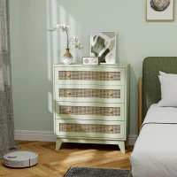 HOMCOM Commode 4 tiroirs meuble de rangement cannage en rotin aspect bois clair 80 x 35 x 95 cm vert(m-10)