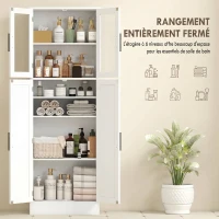 HOMCOM Meuble de salle de bain haut 6 niveaux, meuble de rangement avec 4 portes dont 2 vitrées et étagères réglables, blanc(m-4)