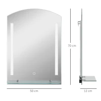 kleankin Specchio per Bagno con Luce LED Regolabile a 3 Colori e Mensola in Vetro, 50x12x70 cm, Argento(m-3)