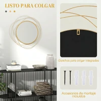 HOMCOM Espejo Decorativo de Pared Adorno de Pared Metálico Ø65 cm con Ganchos para Salón Dormitorio Pasillo Dorado(m-13)