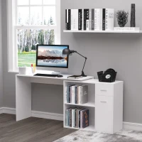 HOMCOM Scrivania Angolare con Libreria Scaffale in Legno Bianco, Tavolo da Pranzo con Rotazione a 360°, 173x39.8x74 cm(m-10)