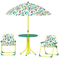 AIYAPLAY Ensemble Salon de Jardin Extérieur Enfant avec 2 Chaises Pliantes et Parasol, Thème Jungle, pour Jardin, Terrasse, Vert(m-12)