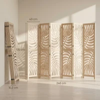 HOMCOM Paravent interieur en bois 6 panneaux 240 x 170 cm, pliable et portable, motif de feuille, design amovible, bois naturel(m-3)