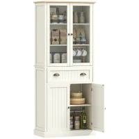 HOMCOM Alacena de Cocina Aparador Alto de Comedor con Vitrina Cajón y Armario con Puertas 76x40x182,5 cm Crema(m-1)