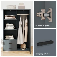 HOMCOM Armadio Moderno con 2 Cassetti, Ripiani Aperti e Vano Appendiabiti, 80x50x124 cm, Grigio Scuro(m-6)