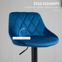 HOMCOM Set 2 Sgabelli da Cucina di Design con Schienale e Poggiapiedi, Seduta in Velluto e Base in Metallo, 46x48x83-104cm, Blu(m-6)
