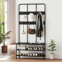 HOMCOM Cuier de Intrare 3 în 1 cu 6 Cârlige și Bancă cu Raft pentru Pantofi, 91x36x180 cm, Negru(m-9)