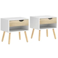 HOMCOM Set de 2 Mesitas de Noche Mesa Auxiliar Mesillas de Noche con Cajón y Estante de Almacenamiento para Dormitorio Salón Cama Oficina Estilo Moderno 50x39x51 cm Blanco y Roble(m-11)