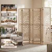 HOMCOM Paravent interieur en bois 6 panneaux 240 x 170 cm, pliable et portable, motif de feuille, design amovible, bois naturel(m-8)
