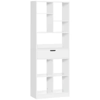 HOMCOM Estantería de Madera con 1 Cajón y 9 Compartimentos Mueble Librería para Salón Oficina Estudio 60x26x158cm Blanco(m-11)