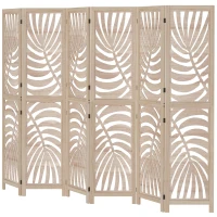 HOMCOM Paravent interieur en bois 6 panneaux 240 x 170 cm, pliable et portable, motif de feuille, design amovible, bois naturel(m-12)