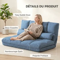 HOMCOM Chauffeuse matelas d'appoint pliant convertible - inclinaison dossier réglable 14 positions - 2 coussins inclus, bleu(m-6)