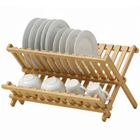 HOMCOM Kitchen Storage Unit, 2-Tier Foldable Kitchen Storage Rack with Slatted Draining Shelves, Natural Wood Finish(m-15)