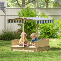 Outsunny Sandkasten 106x106 cm Kinder Sandbox aus Holz mit höhenverstellbar Abdeckung Sitzbänken Rücklehnen Blau(m-2)