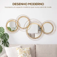 HOMCOM Decoração de Parede 3D de Espelhos Redondos 107x56cm Arte de Parede Decoração de Parede Metálica Dourado(m-4)