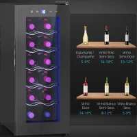 HOMCOM Cave de Vinhos 12 Garrafas com Dupla Refrigeração Termoelétrica Temperatura Ajustável 8-18℃ Porta de Vidro Anti-UV Ecrã LED Luz Interior Preto(m-9)
