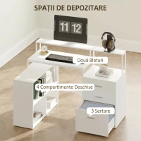 HOMCOM Birou de birou cu 2 mese, 4 rafturi, 3 sertare și suport pentru monitor, din lemn, 138,5x90x92 cm, alb(m-5)