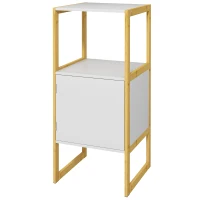 HOMCOM Meuble de rangement pour salle de bain avec cadre en bambou, étagère ouverte et porte à ouverture par pression, blanc(m-12)