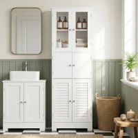 HOMCOM Meuble de salle de bain haut, meuble de rangement avec 6 portes dont 2 vitrées et 2 persiennes, étagère réglable, blanc(m-14)