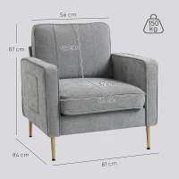 HOMCOM Fauteuil en tissu avec pieds en acier doré, grand confort, pochettes latérales, pour salon, bureau, chambre, gris(m-3)