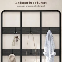 HOMCOM Cuier de Intrare 3 în 1 cu 6 Cârlige și Bancă cu Raft pentru Pantofi, 91x36x180 cm, Negru(m-5)