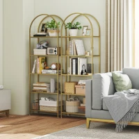 HOMCOM Estantería de Vidrio de 5 Niveles Estantería Almacenaje Estructura Arqueada Librería Estrecha 60x30x175 cm Dorado(m-7)