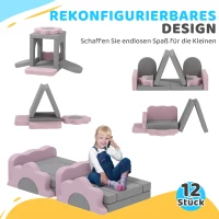 AIYAPLAY 12-delig Set Schuimblokken om te Klimmen, Bouwen, Kruipen, Binnen Speelmatten met Cord Bekleding, Grijs+Roze(m-4)