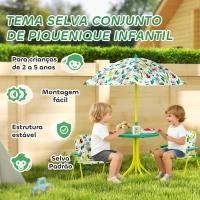 AIYAPLAY Conjunto Infantil de Mesa e Cadeiras de Jardim de 4 Peças Cadeiras Dobráveis Chapéu de Sol Desmontável Design de Selva Verde(m-4)