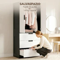 HOMCOM Armadio 2 Ante con 3 Cassetti, Moderno Armadio con Barra Appendiabiti, per Camera da Letto, Nero Bianco(m-7)