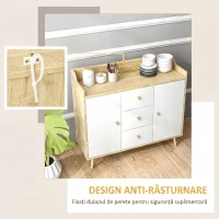 HOMCOM Bufet Modern din PAL si Lemn de di Pin cu 3 Sertare si 2 Dulapioare cu 2 Niveluri, 90x32x80 cm, Alb si Lemn Natur(m-5)