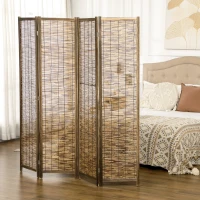 HOMCOM Biombo de 4 Painéis Separador de Ambientes Dobrável 160x1,8x170 cm Divisor de Ambientes de Madeira e Caniço Madeira(m-10)