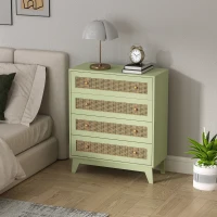 HOMCOM Commode 4 tiroirs meuble de rangement cannage en rotin aspect bois clair 80 x 35 x 95 cm vert(m-9)