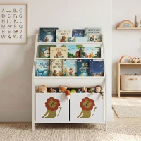 AIYAPLAY Bücherregal für Kinder Kinderregal mit 2 offenen Fächer 3 Hängeregale 60 x 30 x 76 cm Weiß(m-9)
