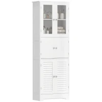 HOMCOM Meuble de salle de bain haut, meuble de rangement avec 6 portes dont 2 vitrées et 2 persiennes, étagère réglable, blanc(m-17)