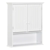 kleankin Armario Baño de Pared con 2 Puertas Estante Interior Ajustable y Compartimento Abierto Mueble Auxiliar Suspendido Multiusos para Cocina 60x20x70,5 cm Blanco(m-11)