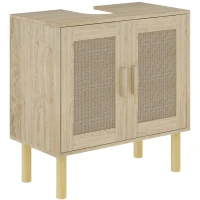 HOMCOM Meuble salle de bain sous lavabo meuble sous lavabo portes en rotin pieds bois de pin 2 niveaux 60 x 30 x 60 cm chêne(m-11)