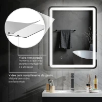 HOMCOM Espelho Casa de Banho com Luzes LED 70x90 cm Função Antiembaciamento 3 Temperaturas de Cor Ajustável e Função de Memória Prata(m-8)