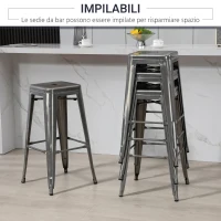 HOMCOM Set 4 Sgabelli Bar Impilabili con Poggiapiedi, Stile Industriale, in Acciaio, per Sala da pranzo, Argento(m-6)