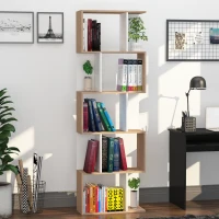 HOMCOM Scaffale Libreria a 5 Ripiani Suddivisi, Libreria Salvaspazio a Forma di S in Legno, Scaffale Divisorio per Soggiorno, Camera da Letto e Ufficio, 60x24x184.5 cm, Color Legno e Bianco(m-10)